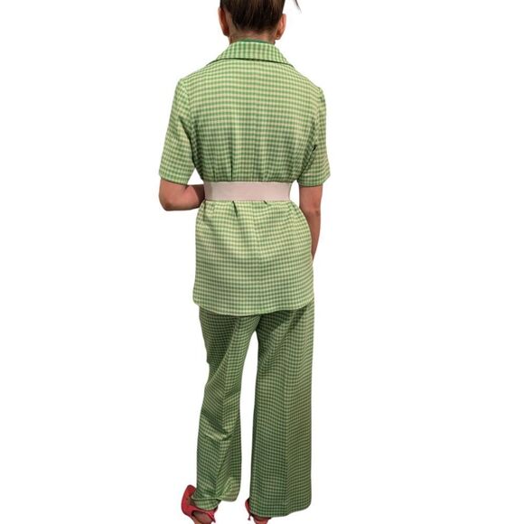Women's 70s Vintage 3 Piece Polyester Green & White Checkered Leisure Suit Set - Picture 8 of 13